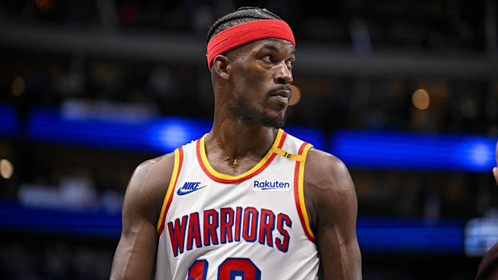Feb 12, 2025; Dallas, Texas, USA; Golden State Warriors forward Jimmy Butler (10) in action during the game between the Dallas Mavericks and the Golden State Warriors at the American Airlines Center. Mandatory Credit: Jerome Miron-Imagn Images