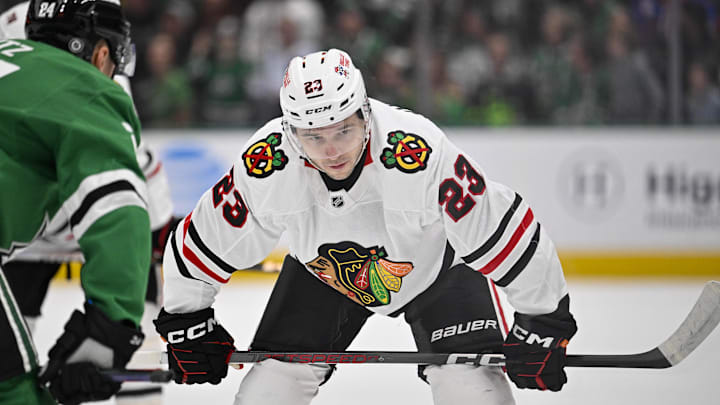 Oct 26, 2024; Dallas, Texas, USA; Chicago Blackhawks center Philipp Kurashev (23) in action during the game between the Dallas Stars and the Chicago Blackhawks at American Airlines Center. Mandatory Credit: Jerome Miron-Imagn Images