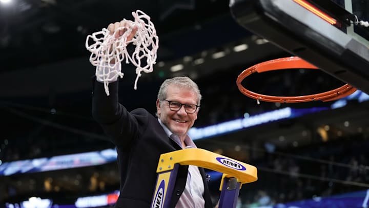 Geno Auriemma knows a thing or two about cutting down nets—the UConn coach has 12 NCAA titles in his career. Geno Auriemma knows a thing or two about cutting down nets—the UConn coach has 12 NCAA titles in his career.