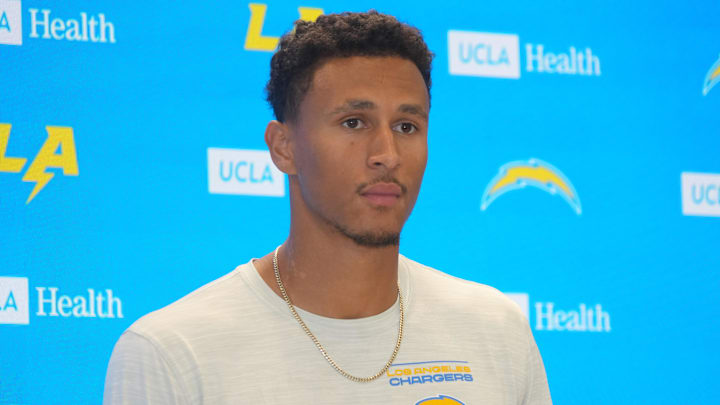 Los Angeles Chargers cornerback Benjamin St-Juste at press conference at The Bolt.