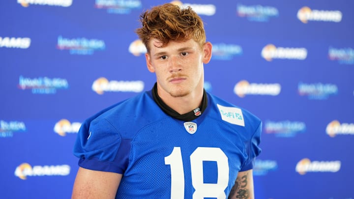 May 28, 2025; Woodland Hills, CA, USA; Los Angeles Rams tight end Terrance Ferguson (18) at press conference during organized team activities at Rams Practice Facility. Mandatory Credit: Kirby Lee-Imagn Images May 28, 2025; Woodland Hills, CA, USA; Los Angeles Rams tight end Terrance Ferguson (18) at press conference during organized team activities at Rams Practice Facility. Mandatory Credit: Kirby Lee-Imagn Images