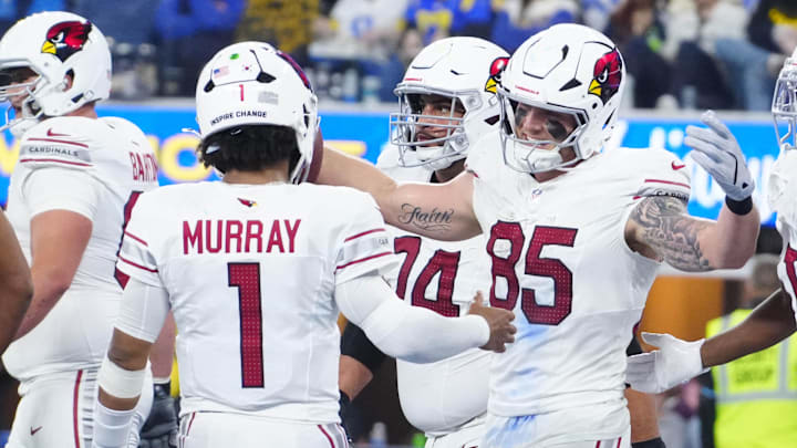 Dec 28, 2024; Inglewood, California, USA; Arizona Cardinals tight end Trey McBride (85) celebrates with quarterback Kyler Murray (1) after catching a 1-yard touchdown pass against the Los Angeles Rams in the second half at SoFi Stadium. Mandatory Credit: Kirby Lee-Imagn Images Dec 28, 2024; Inglewood, California, USA; Arizona Cardinals tight end Trey McBride (85) celebrates with quarterback Kyler Murray (1) after catching a 1-yard touchdown pass against the Los Angeles Rams in the second half at SoFi Stadium. Mandatory Credit: Kirby Lee-Imagn Images