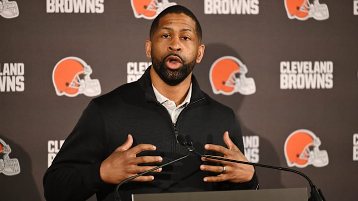Feb 3, 2026; Berea, OH, USA; Executive vice president, football operations and general manager  Andrew Berry speaks to the media during a press conference to introduce new head coach Todd Monken at CrossCountry Mortgage Campus. Mandatory Credit: Ken Blaze-Imagn Images