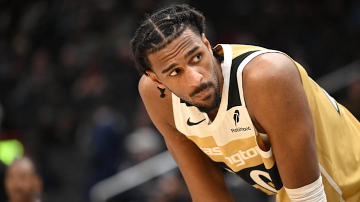 Feb 8, 2026; Washington, District of Columbia, USA;  Washington Wizards center Alex Sarr (20) looks up during a free throw against the Miami Heat during the third quarter at Capital One Arena. Mandatory Credit: Rafael Suanes-Imagn Images