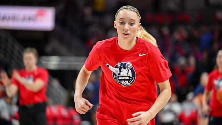 Nov 20, 2024; Storrs, Connecticut, USA; Connecticut Huskies guard Paige Bueckers (5) warms up before a game against the Fairleigh Dickinson Knights at Harry A. Gampel Pavilion. Mandatory Credit: Mark Smith-Imagn Images