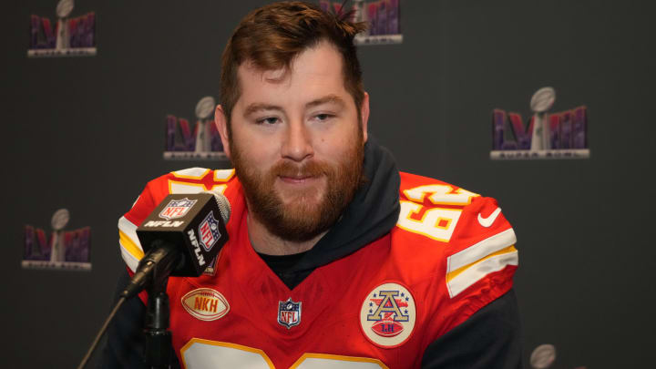Feb 7, 2024; Las Vegas, NV, USA; Kansas City Chiefs guard Joe Thuney (62) during a press conference before Super Bowl LVIII at Westin Lake Las Vegas Resort and Spa. Mandatory Credit: Kirby Lee-USA TODAY Sports