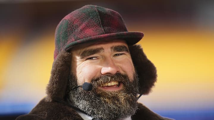 Jan 18, 2025; Kansas City, Missouri, USA; Philadelphia Eagles former player and ESPN commentator Jason Kelce reacts before in a 2025 AFC divisional round game between the Kansas City Chiefs and the Houston Texans at GEHA Field at Arrowhead Stadium. Mandatory Credit: Jay Biggerstaff-Imagn Images
