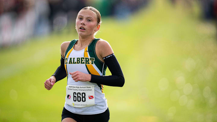 St. Albert Council Bluff's Lili Denton runs to the finish line during the 2024 Iowa state cross country meet on Saturday, Nov. 2, 2024, in Fort Dodge.