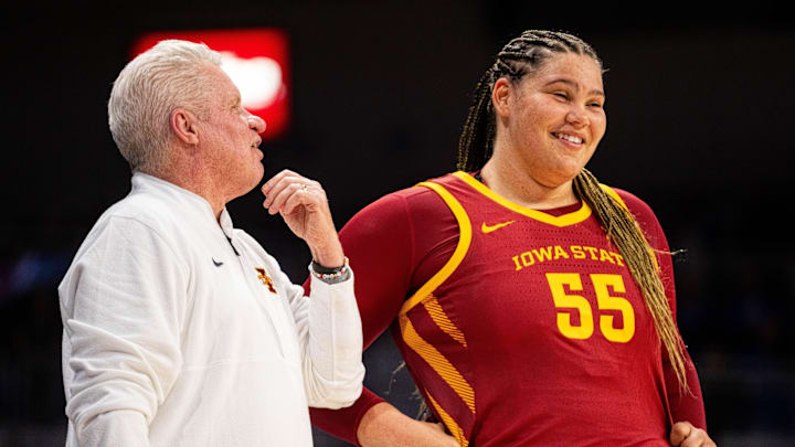 Iowa State's Audi Crooks (55) talks with Iowa State head coach Bill Fennelly ahead of the second half against Drake on Nov. 20, 2025, at the Knapp Center in Des Moines.