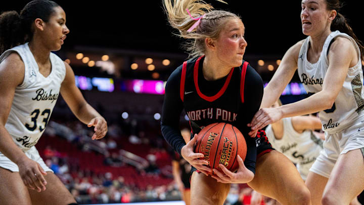 North Polk's Fayth Sullivan (22) keeps possession of the ball against Bishop Heelan in the 4A state quarterfinal on March 3, 2026, at Casey’s Center in Des Moines.