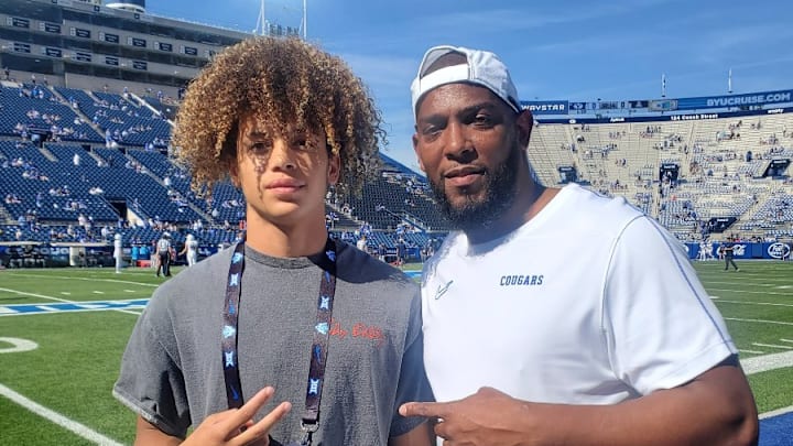 2026 BYU commit Justice Brathwaite with cornerbacks coach Jernaro Gilford 2026 BYU commit Justice Brathwaite with cornerbacks coach Jernaro Gilford