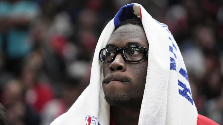 Apr 16, 2025; Chicago, Illinois, USA; Chicago Bulls forward Jalen Smith (7) on the bench during the second half against the Miami Heat at United Center. Mandatory Credit: David Banks-Imagn Images