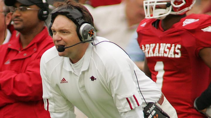 Arkansas Razorbacks head coach Houston Nutt watches his team from the sidelines in the first half of action against LSU.