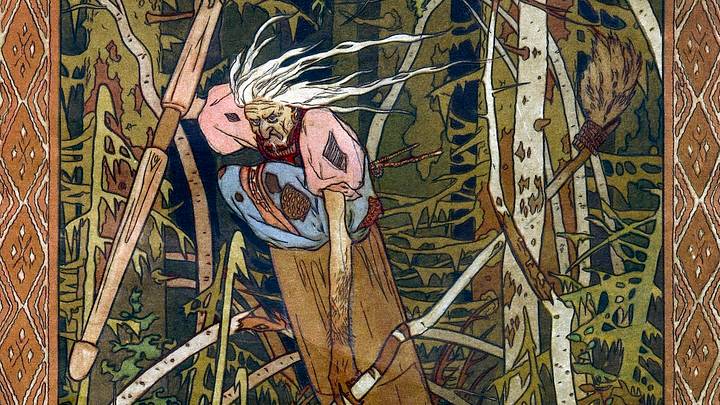 Ivan Bilibin’s 1900 illustration of Baba Yaga riding in her mortar for the fairy tale 'Vasilisa the Beautiful.'