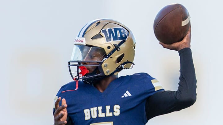 West Boca Raton quarterback Mason Mallory throws the ball against St. Andrews in West Boca Raton, Florida on September 8, 2023. West Boca Raton quarterback Mason Mallory throws the ball against St. Andrews in West Boca Raton, Florida on September 8, 2023.