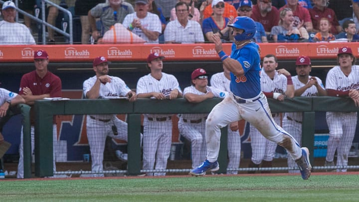 Gators utility Wyatt Langford (36) heads for home against South Carolina in Game 2 of the NCAA Super Regionals, Saturday, June 10, 2023, at Condron Family Ballpark in Gainesville, Florida. The Gators beat the Gamecocks 4-0 and are headed to the College World Series in Omaha.  [Cyndi Chambers/ Gainesville Sun] 2023