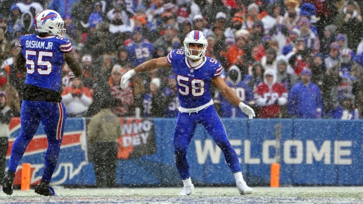 Jan 22, 2023; Orchard Park, New York, USA; Buffalo Bills linebacker Matt Milano (58) reacts after tackling Cincinnati Bengals quarterback Joe Burrow (9) during the first quarter of an AFC divisional round game at Highmark Stadium. Mandatory Credit: Gregory Fisher-USA TODAY Sports Jan 22, 2023; Orchard Park, New York, USA; Buffalo Bills linebacker Matt Milano (58) reacts after tackling Cincinnati Bengals quarterback Joe Burrow (9) during the first quarter of an AFC divisional round game at Highmark Stadium. Mandatory Credit: Gregory Fisher-USA TODAY Sports