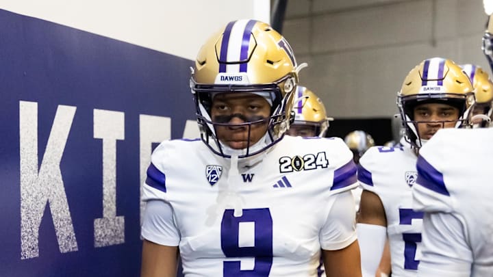 Jan 8, 2024; Houston, TX, USA; Washington Huskies cornerback Thaddeus Dixon (9) against the Michigan Wolverines during the 2024 College Football Playoff national championship game at NRG Stadium. Mandatory Credit: Mark J. Rebilas-Imagn Images