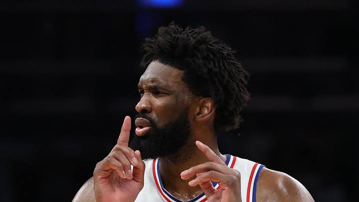 May 2, 2026; Boston, Massachusetts, USA; Philadelphia 76ers center Joel Embiid (21) quiets the crowd after making a basket against the Boston Celtics in game seven of the first round of the 2026 NBA Playoffs at TD Garden. Mandatory Credit: Winslow Townson-Imagn Images