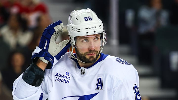 Mar 22, 2026; Calgary, Alberta, CAN; Tampa Bay Lightning right wing Nikita Kucherov (86) against the Calgary Flames during the first period at Scotiabank Saddledome. Mandatory Credit: Sergei Belski-Imagn Images