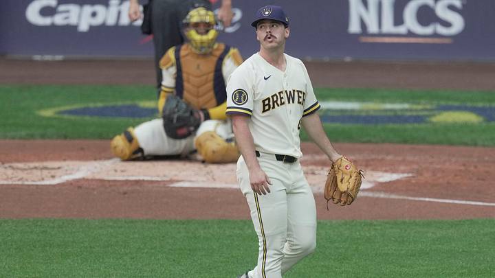Oct 12, 2026; Milwaukee, Wisconsin, USA; Milwaukee Brewers pitcher Logan Henderson (43) walks from the mound after striking out Los Angeles Dodgers third baseman Max Muncy (13) during the second inning of their National League Championship Series game at American Family Field on Oct 12, 2026. Mandatory Credit: Mark Hoffman-USA TODAY Network via Imagn Images Oct 12, 2026; Milwaukee, Wisconsin, USA; Milwaukee Brewers pitcher Logan Henderson (43) walks from the mound after striking out Los Angeles Dodgers third baseman Max Muncy (13) during the second inning of their National League Championship Series game at American Family Field on Oct 12, 2026. Mandatory Credit: Mark Hoffman-USA TODAY Network via Imagn Images