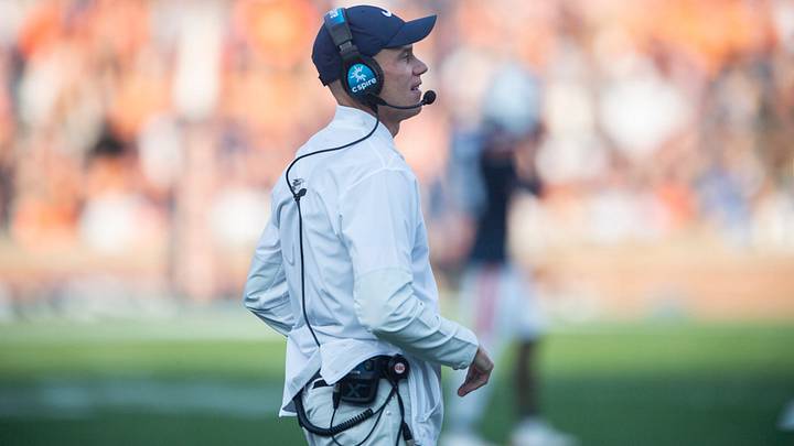 Auburn Tigers interim head coach DJ Durkin watches on as Auburn Tigers take on Mercer Bears at Jordan-Hare Stadium in Auburn, Ala. on Saturday, Nov. 22, 2025. Auburn Tigers defeated the Mercer Bears 62-17.
