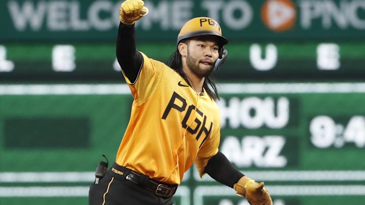 Sep 29, 2023; Pittsburgh, Pennsylvania, USA;  Pittsburgh Pirates first baseman Connor Joe (2) reacts