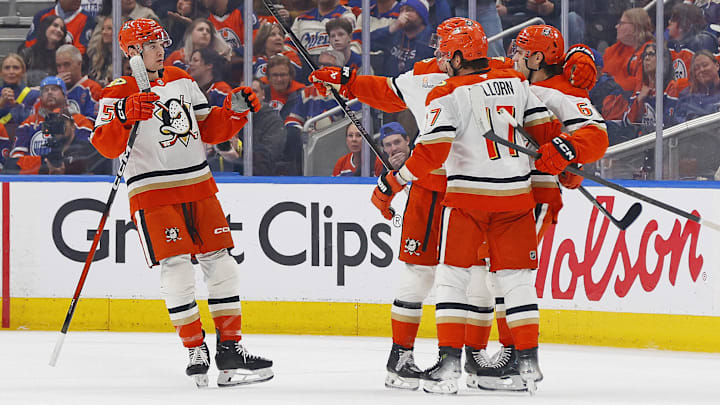Apr 22, 2026; Edmonton, Alberta, CAN; The Anaheim Ducks celebrate a goal scored by  forward Cutter Gauthier (61) during the first period against the Edmonton Oilers in game two of the first round of the 2026 Stanley Cup Playoffs at Rogers Place. Mandatory Credit: Perry Nelson-Imagn Images