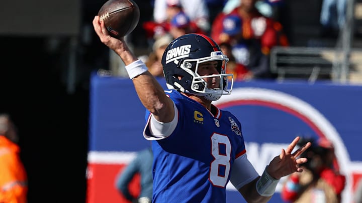 Nov 3, 2024; East Rutherford, New Jersey, USA; New York Giants quarterback Daniel Jones (8) throws the ball during the first half against the Washington Commanders at MetLife Stadium. Mandatory Credit: Vincent Carchietta-Imagn Images