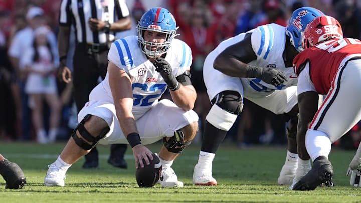 Oct 18, 2025; Athens, Georgia, USA;  Mississippi Rebels offensive lineman Brycen Sanders (62) at the line of scrimmage against the Georgia Bulldogs during the first half of the game at Sanford Stadium. Mandatory Credit: Dale Zanine-Imagn Images