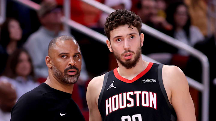 Nov 13, 2024; Houston, Texas, USA; Houston Rockets head coach Ime Udoka talks with Houston Rockets center Alperen Sengun (28) on the sideline against the LA Clippers during the second quarter at Toyota Center. Mandatory Credit: Erik Williams-Imagn Images