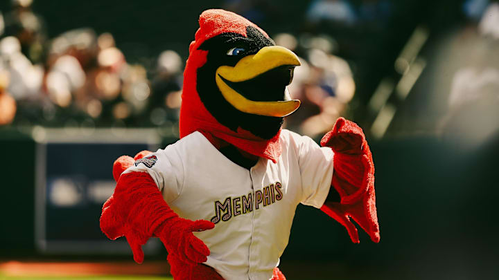 Rockey the Rockin’ Redbird looks toward fans during the opening day game between the Memphis Redbirds and the Charlotte Knights on Friday, March 29, 2024 at AutoZone Park in Memphis, Tenn.