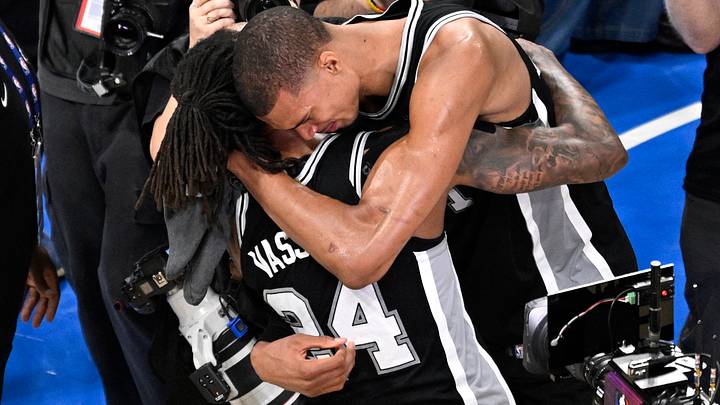 May 30, 2026; Oklahoma City, Oklahoma, USA; San Antonio Spurs forward Victor Wembanyama (1) celebrates with guard Devin Vassell (24) after defeating the Oklahoma City Thunder in game seven of the western conference finals for the 2026 NBA playoffs at Paycom Center. Mandatory Credit: Jerome Miron-Imagn Images