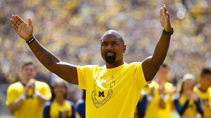 Sep 3, 2016; Ann Arbor, MI, USA; Michigan Wolverines former player Charles Woodson is introduced during the first half of the game against the Hawaii Warriors at Michigan Stadium. Mandatory Credit: Rick Osentoski-Imagn Images