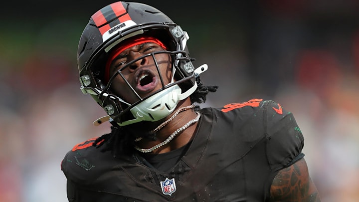 Cleveland Browns running back Quinshon Judkins (10) celebrates after his first career touchdown during the second half of an NFL football game against the Green Bay Packers at Huntington Bank Field, Sept. 21, 2025, in Cleveland, Ohio.