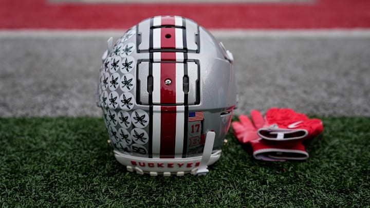 An Ohio State Buckeyes helmet sits on the sideline prior to the NCAA football game against the Indiana Hoosiers at Ohio Stadium in Columbus on Saturday, Nov. 23, 2024.