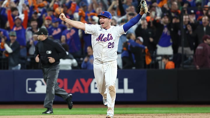 Oct 9, 2024; New York, New York, USA; New York Mets first baseman Pete Alonso (20) celebrates after defeating the Philadelphia Phillies in game four of the NLDS for the 2024 MLB Playoffs at Citi Field. Mandatory Credit: Wendell Cruz-Imagn Images