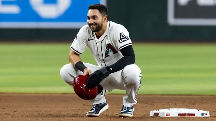 May 27, 2025; Phoenix, Arizona, USA; Arizona Diamondbacks second baseman Jordan Lawlar against the Pittsburgh Pirates at Chase Field. Mandatory Credit: Mark J. Rebilas-Imagn Images May 27, 2025; Phoenix, Arizona, USA; Arizona Diamondbacks second baseman Jordan Lawlar against the Pittsburgh Pirates at Chase Field. Mandatory Credit: Mark J. Rebilas-Imagn Images