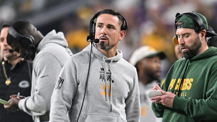Dec 29, 2024; Minneapolis, Minnesota, USA; Green Bay Packers head coach Matt LaFleur looks on during the second quarter against the Minnesota Vikings at U.S. Bank Stadium. Mandatory Credit: Jeffrey Becker-Imagn Images