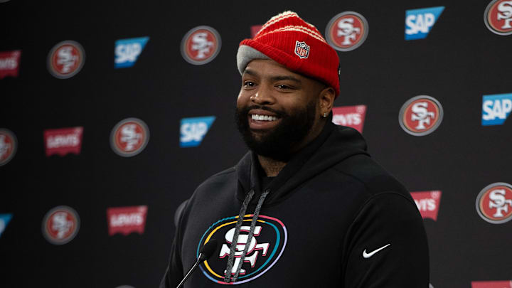 Jun 10, 2025; Santa Clara, CA, USA; San Francisco 49ers offensive tackle Trent Williams speaks to the media following an OTA at Levi's Stadium. Mandatory Credit: D. Ross Cameron-Imagn Images Jun 10, 2025; Santa Clara, CA, USA; San Francisco 49ers offensive tackle Trent Williams speaks to the media following an OTA at Levi's Stadium. Mandatory Credit: D. Ross Cameron-Imagn Images