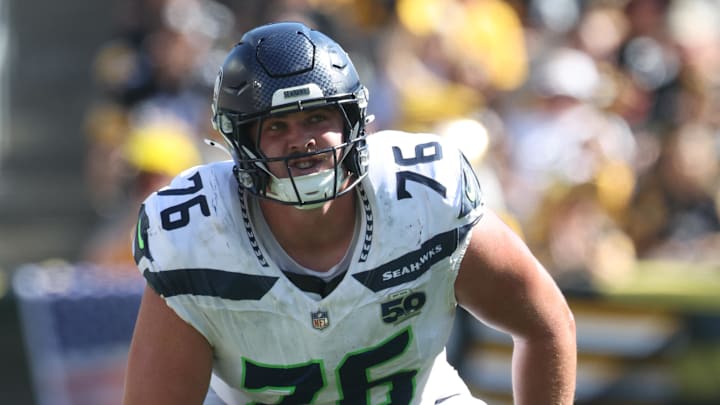 Sep 14, 2025; Pittsburgh, Pennsylvania, USA;  Seattle Seahawks guard Grey Zabel (76) at the line of scrimmage against the Pittsburgh Steelers during the fourth quarter at Acrisure Stadium. Mandatory Credit: Charles LeClaire-Imagn Images