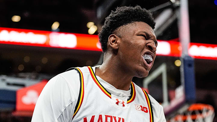Maryland center Derik Queen (25) celebrates a play against Michigan during the second half of Big Ten Tournament semifinal at Gainbridge Fieldhouse in Indianapolis, Ind. on Saturday, March 15, 2025.