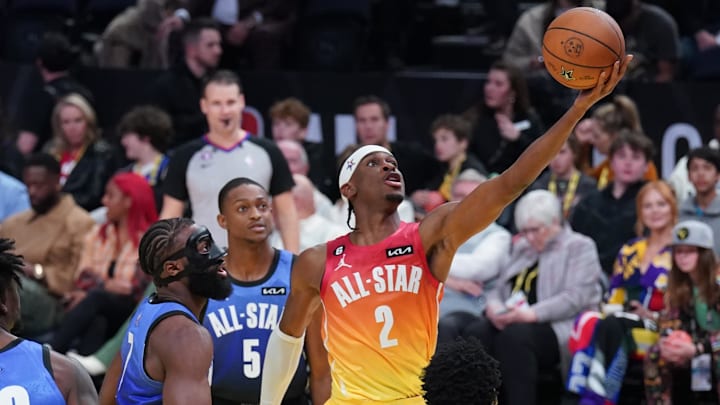 Feb 19, 2023; Salt Lake City, UT, USA; Team Giannis guard Shai Gilgeous-Alexander (2) shoots against