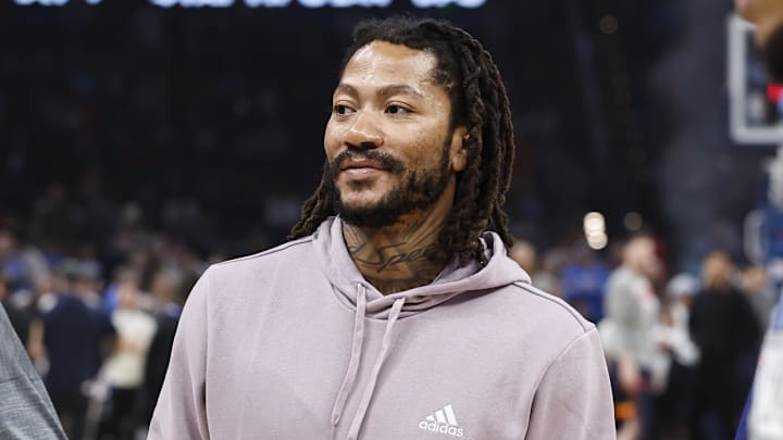 Mar 10, 2024; Oklahoma City, Oklahoma, USA; Memphis Grizzlies guard Derrick Rose (23) during team introductions before their game against the Oklahoma City Thunder at Paycom Center. Mandatory Credit: Alonzo Adams-Imagn Images