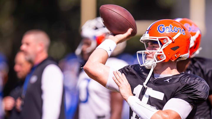 Florida Gators quarterback Graham Mertz (15) passes during Fall practice at Sanders Practice Fields in Gainesville, FL on Thursday, August 8, 2024. [Doug Engle/Gainesville Sun]