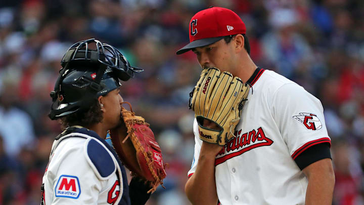 Cleveland Guardians catcher Bo Naylor (23) has a word with relief pitcher Joey Cantillo (54) during the fourth inning of Game 3 of the American League Wild Card Series at Progressive Field, Oct. 2, 2025, in Cleveland, Ohio. Cleveland Guardians catcher Bo Naylor (23) has a word with relief pitcher Joey Cantillo (54) during the fourth inning of Game 3 of the American League Wild Card Series at Progressive Field, Oct. 2, 2025, in Cleveland, Ohio.