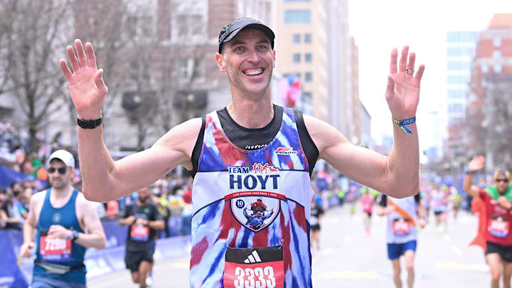 Apr 15, 2024; Boston, MA, USA; Former Boston Bruins team captain Zdeno Chara reacts to finishing the 2024 Boston Marathon. Mandatory Credit: Eric Canha-USA TODAY Sports