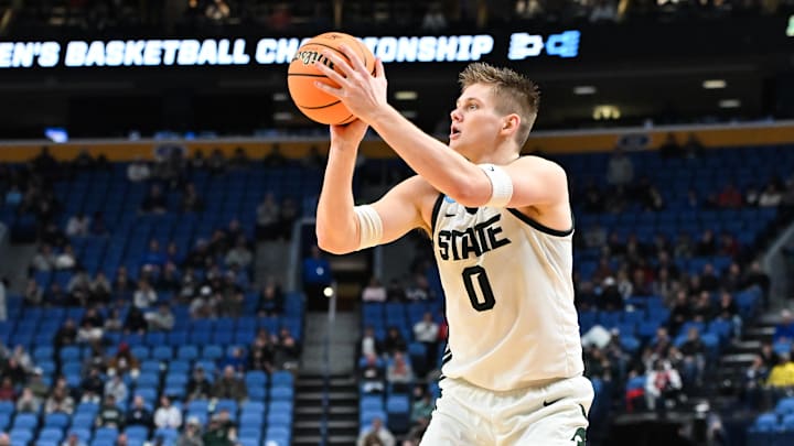Mar 19, 2026; Buffalo, NY, USA; Michigan State Spartans forward Jaxon Kohler (0) takes a shot during the second half against the North Dakota State Bison during a first round game of the men's 2026 NCAA Tournament at Keybank Center. Mandatory Credit: Mark Konezny-Imagn Images