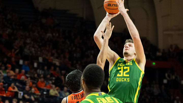 Oregon center Nate Bittle goes up for a shot as the Oregon State Beavers host the Oregon Ducks Thursday, Nov. 21, 2024 at Gill Coliseum in Corvallis, Ore.
