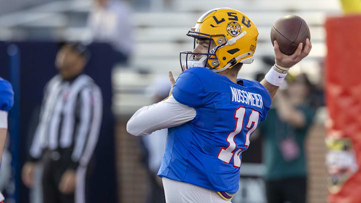 Jan 29, 2026; Mobile, AL, USA; American quarterback Garrett Nussmeier (13) of LSU throws the ball during American Senior Bowl practice at Hancock Whitney Stadium. Mandatory Credit: Vasha Hunt-Imagn Images Jan 29, 2026; Mobile, AL, USA; American quarterback Garrett Nussmeier (13) of LSU throws the ball during American Senior Bowl practice at Hancock Whitney Stadium. Mandatory Credit: Vasha Hunt-Imagn Images